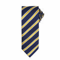 A Premier necktie, model PR783, featuring diagonal yellow and white stripes on a blue background.