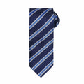 A rolled-up Premier PR783 necktie, in navy blue with diagonal light blue and white stripes, displayed on a white background.