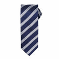 Premier's PR783—a navy blue tie featuring diagonal stripes in gray and white.
