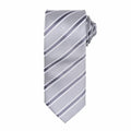 A Premier PR783 gray necktie featuring diagonal dark blue and white stripes, carefully rolled and showcased against a white background.
