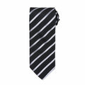 The PR784 by Premier is a black necktie adorned with diagonal white stripes.