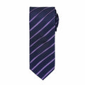 Premier's PR784 necktie features a dark blue base with diagonal purple and white stripes.