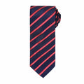 A Premier necktie (Product Name: PR784) in navy blue featuring diagonal red and white stripes, rolled up.