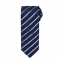 Premier's PR784 necktie in navy blue features diagonal light blue stripes and is presented neatly rolled at one end and laid flat.