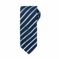 A Premier PR784 necktie featuring navy blue with diagonal light blue and teal stripes.