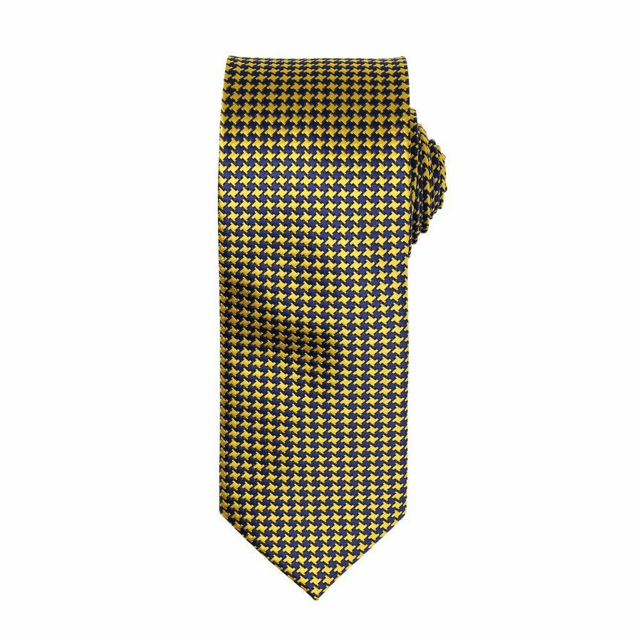 A PR787 necktie by Premier featuring a yellow and black houndstooth pattern, neatly folded with a pointed tip.