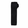 A Premier PR789 black knitted necktie elegantly rolled up on a white background.