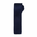 A neatly rolled Premier PR789 navy blue knit tie against a white background.