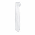 The Premier PR793 is a narrow, solid white necktie, rolled neatly at the narrow end. Its smooth texture implies a satin or silk material, making it ideal for formal occasions. The tie is showcased against a plain white background.