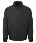 The Jackets product is a plain black zip-up with a high collar, long sleeves, side pockets, a minimal design, and elasticated cuffs.