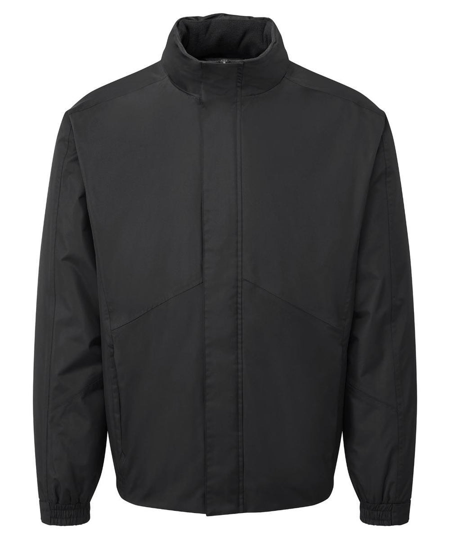 The Jackets product is a plain black zip-up with a high collar, long sleeves, side pockets, a minimal design, and elasticated cuffs.