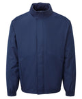 Jackets: A navy blue zip-up jacket with a high collar, long sleeves, and elasticated cuffs. Features a smooth texture and minimalist design with no visible logos or patterns.