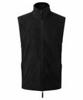Premier's PR803 black zip-up sleeveless fleece vest with a high collar, displayed against a white background.