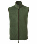 The Premier PR803 is a green fleece vest featuring a front zipper and sleeveless design. It has a high collar, with edges trimmed in dark brown, and is showcased against a white background.