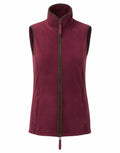 The Premier PR804 is a maroon, sleeveless fleece vest featuring a high collar, front zipper, and two side pockets.