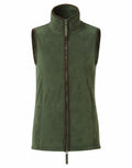 The Premier PR804 vest is a green sleeveless fleece with a high collar and a full-length zipper down the front. It features two side pockets and has brown trim detailing along the edges and zipper.