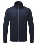 The Premier PR808 jacket, featuring a navy blue color, a full zipper, a high collar, and side pockets, is displayed on a white background.