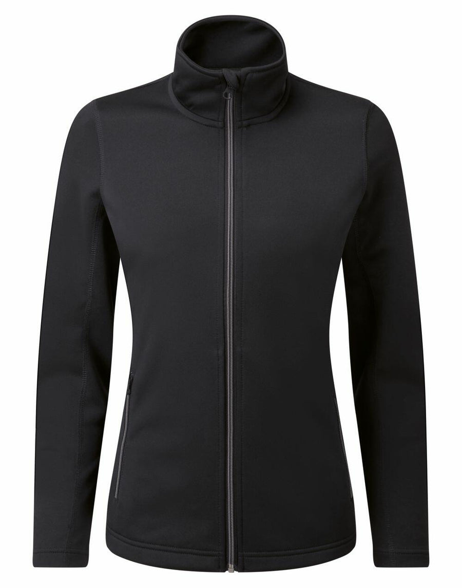 A Premier PR809 black full-zip jacket featuring a high collar and two zippered pockets, as seen from the front.