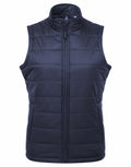 Premier's PR815 vest, a navy blue sleeveless piece featuring a quilted design, front zipper, and high collar, is showcased against a white backdrop.