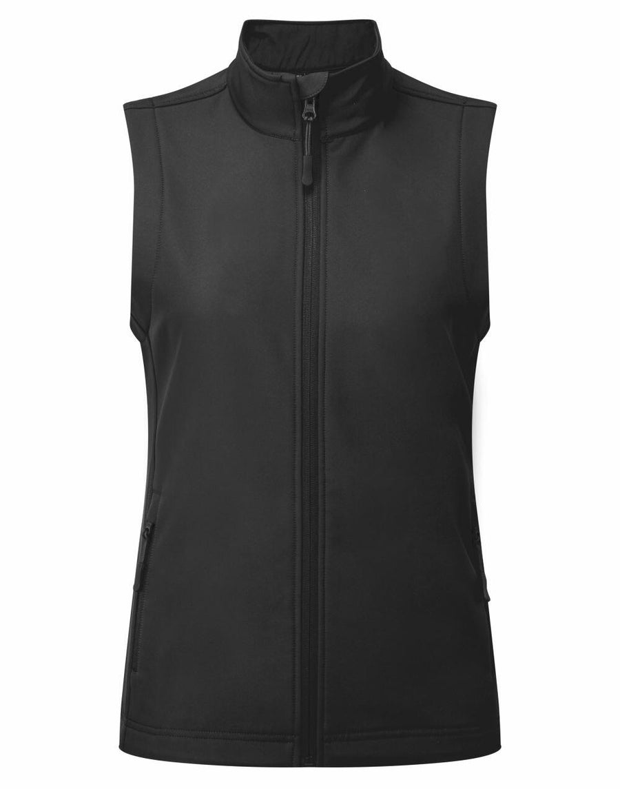 Premier's PR816 is a black sleeveless vest, featuring a high collar, front zipper, and side pockets.