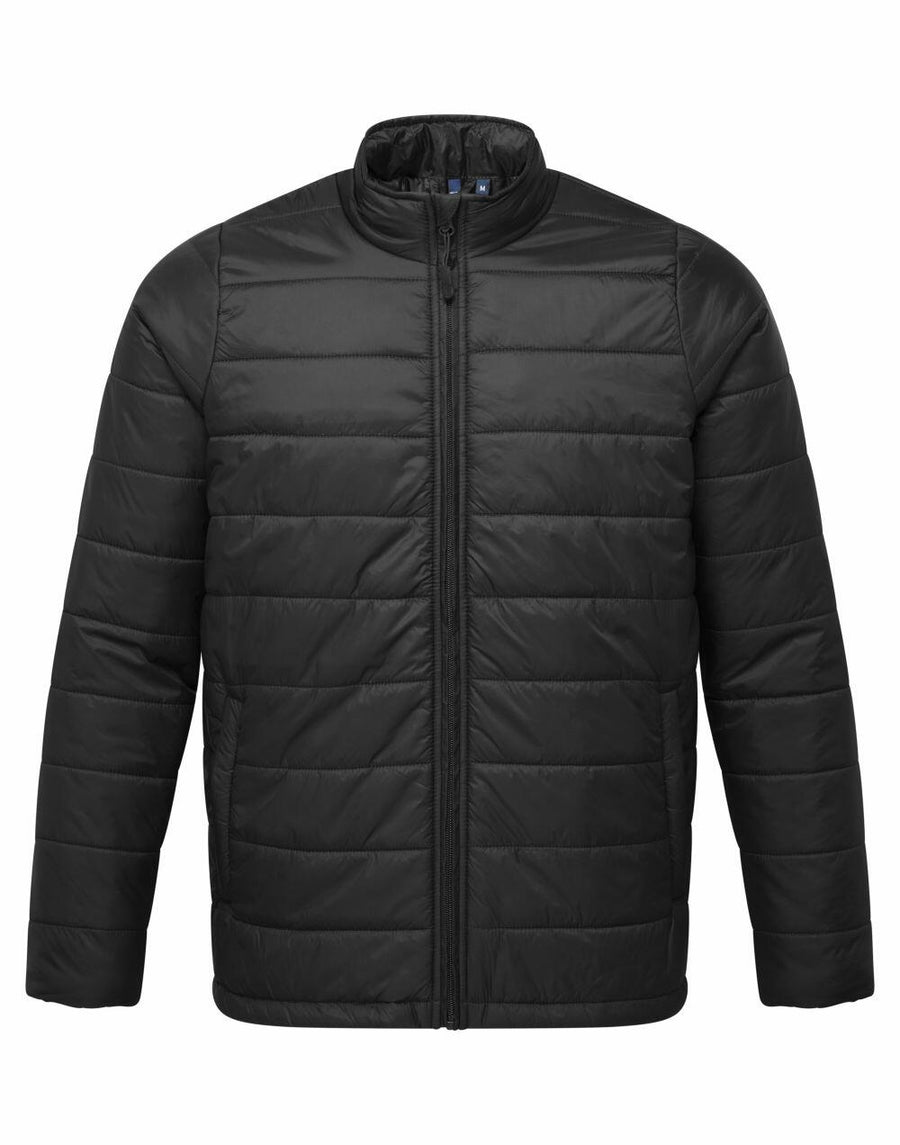 The PR817 by Premier is a black, quilted puffer jacket with long sleeves, a front zipper, and a stand-up collar, showcased on a white background.