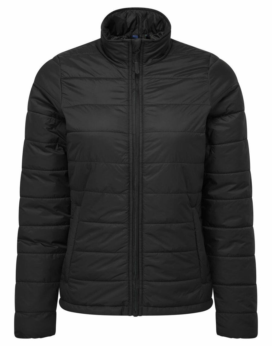 The Premier PR819 black puffer jacket, featuring a high collar and front zipper, is showcased against a white background.