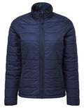 The Premier PR819 blue puffer jacket, featuring a high collar and front zipper, is showcased against a white background.