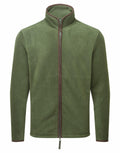 The Premier PR823 is a green fleece jacket featuring a high collar and a full zip front. It boasts a minimalist design with no visible logos or patterns and includes distinctive brown trim along the zipper and collar edges. The material seems soft and warm, perfect for comfort.