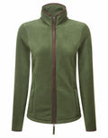A Premier PR824 zip-up fleece jacket in green, featuring a high collar and brown trim. This jacket includes long sleeves and side pockets, showcased against a white background.