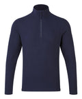 The Premier PR831 is a navy blue, long-sleeve fleece jacket featuring a quarter zip front and a high collar, displayed on a white background.