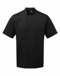 Premier's PR900 is a black short-sleeve chef coat featuring a mandarin collar and button closure.