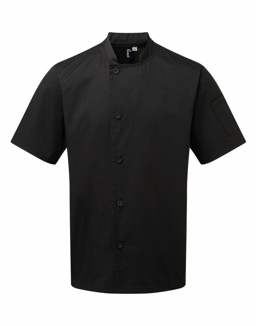 Premier's PR900 is a black short-sleeve chef coat featuring a mandarin collar and button closure.