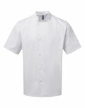 Premier's PR900 is a white chef jacket featuring short sleeves, a mandarin collar, and front button closure.