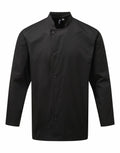 Introducing the Premier PR901: a black chef coat designed with long sleeves and a mandarin collar. It features a convenient button-up front and includes a small pocket on the left sleeve.