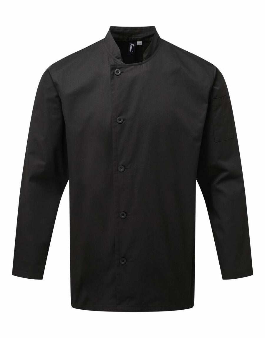 Introducing the Premier PR901: a black chef coat designed with long sleeves and a mandarin collar. It features a convenient button-up front and includes a small pocket on the left sleeve.