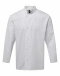 PR901 by Premier: A white chef's jacket featuring long sleeves, button closure, and a pocket on the left sleeve.