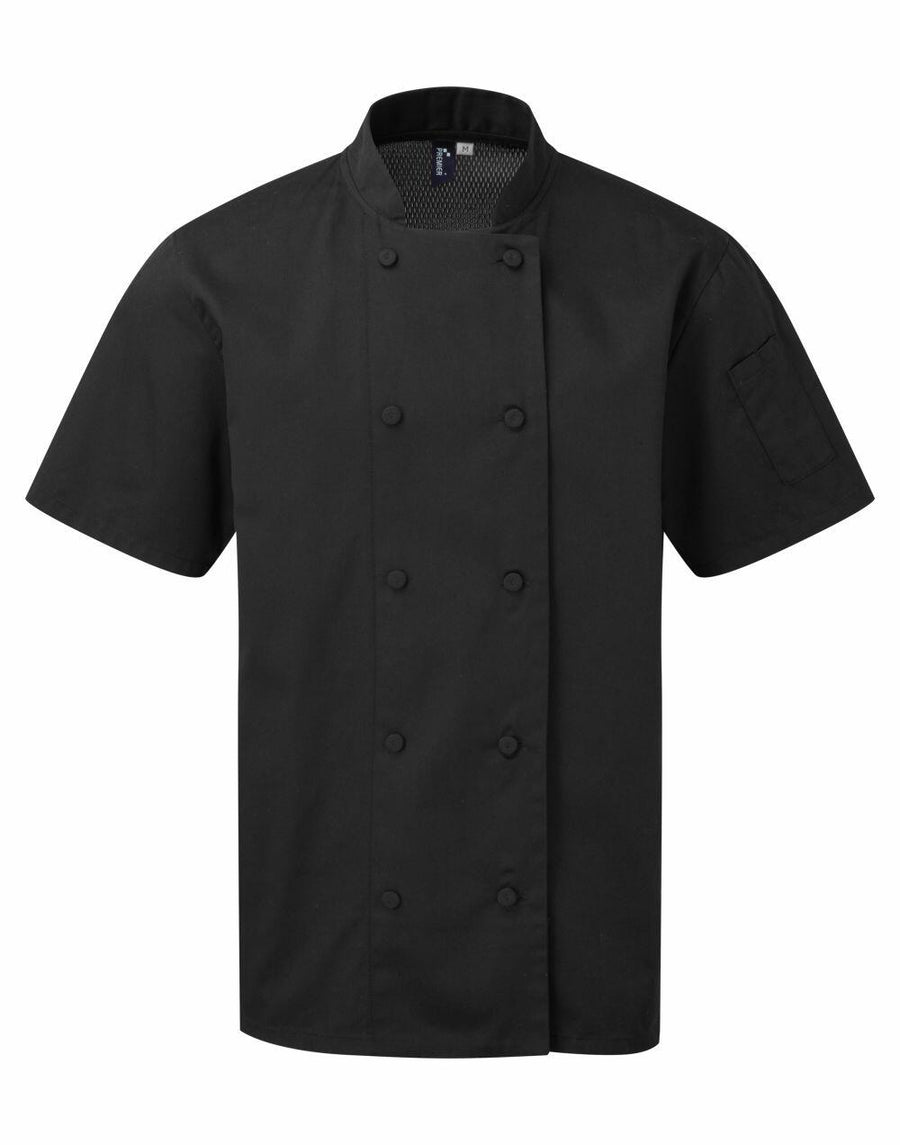 The Premier PR902 chef's jacket is a black short-sleeve design with a double-breasted front and button detail, featuring a convenient small pocket on the left sleeve.