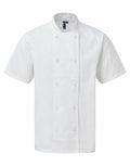 Premier's PR902 is a white short-sleeve chef's jacket featuring a double-breasted design and a convenient pocket on the left sleeve.