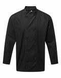 The Premier PR903 is a black, double-breasted chef's jacket featuring long sleeves and a pocket on the left arm.