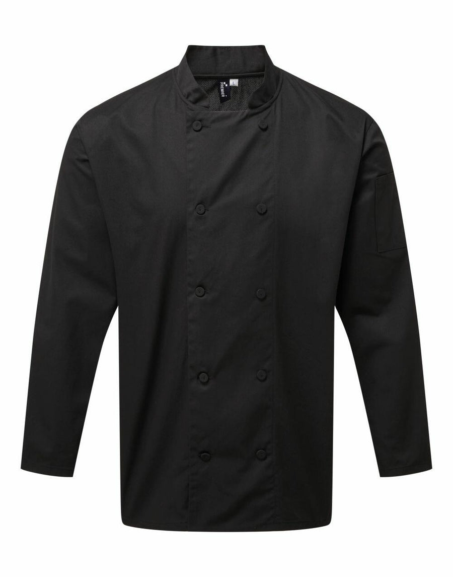 The Premier PR903 is a black, double-breasted chef's jacket featuring long sleeves and a pocket on the left arm.