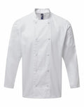 The PR903 by Premier is a white double-breasted chef coat featuring long sleeves and a convenient pocket on the left sleeve.