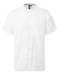 The Premier PR904 is a white short-sleeve shirt featuring a mandarin collar and button closure.