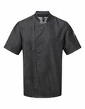 Premier's PR906 chef jacket features short sleeves, a black color scheme, a mandarin collar, and a convenient pen pocket on the left sleeve.