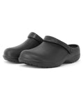 A pair of black shoes featuring a slip-on design, textured sole, and adjustable heel strap, displayed on a plain white background.