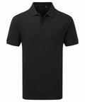 The PR995 by Premier is a plain black polo shirt featuring short sleeves and a folded collar.