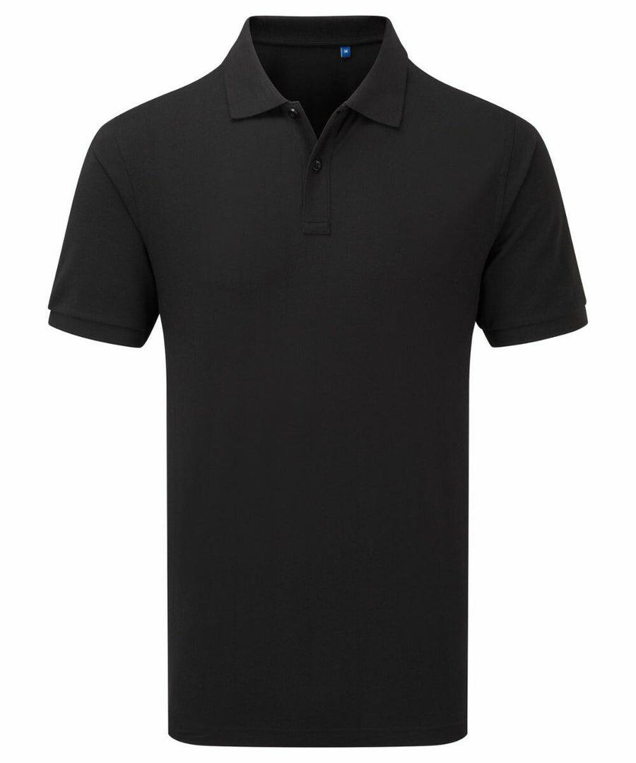 The PR995 by Premier is a plain black polo shirt featuring short sleeves and a folded collar.