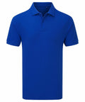 A Premier PR995 plain blue polo shirt showcasing a collar, short sleeves, and a button-up neckline is neatly displayed on a white background.