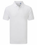 The PR995 polo shirt by Premier is a plain white garment featuring short sleeves, a collar, and buttons on the upper front. It is displayed on a white background and is typically used for casual or semi-formal occasions.