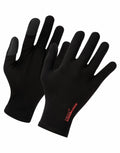 A pair of Premier PR998 black touchscreen gloves featuring red lettering on the right glove.