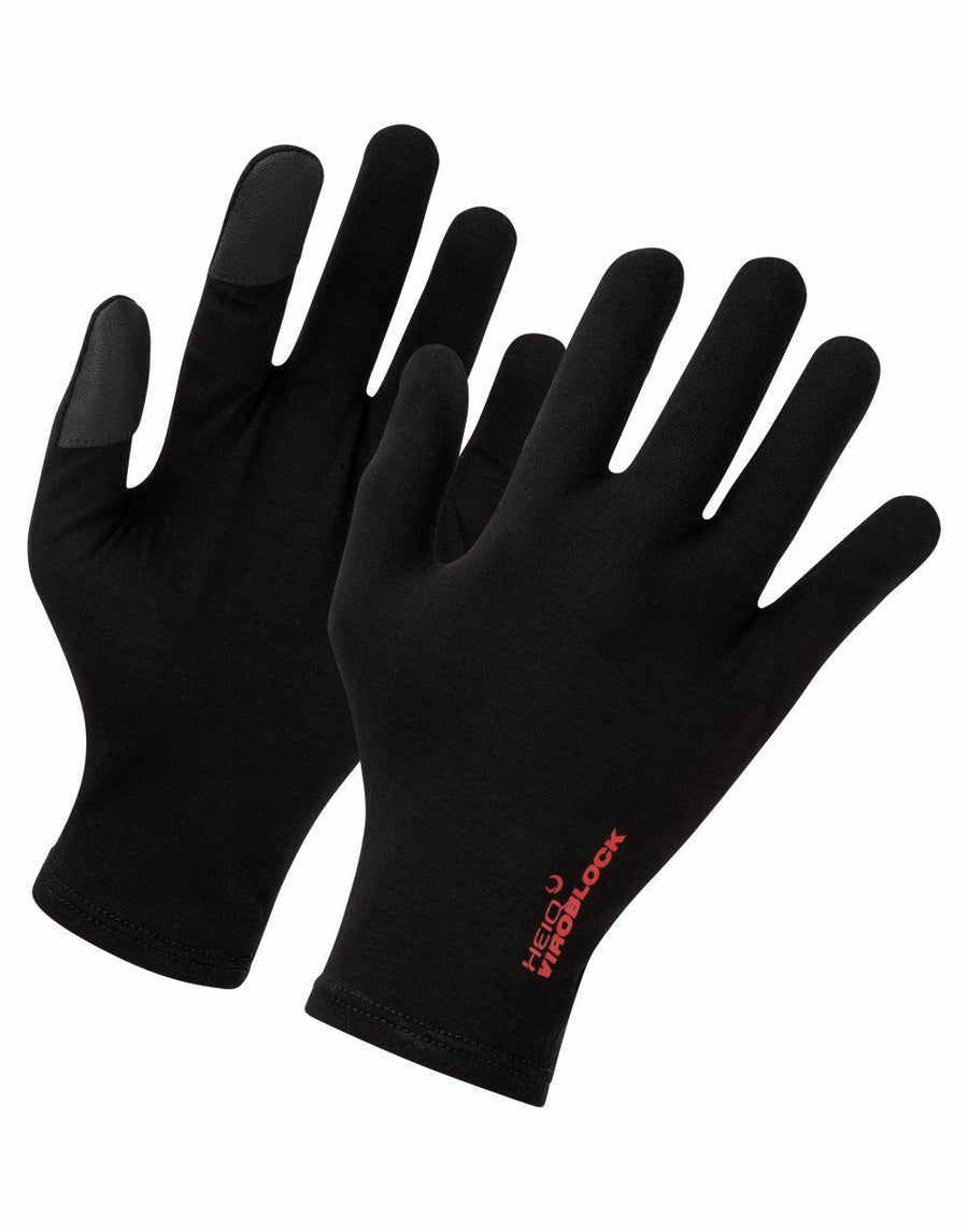 A pair of Premier PR998 black touchscreen gloves featuring red lettering on the right glove.